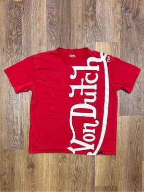 Von Dutch Red Tee with Large White Vertical Logo